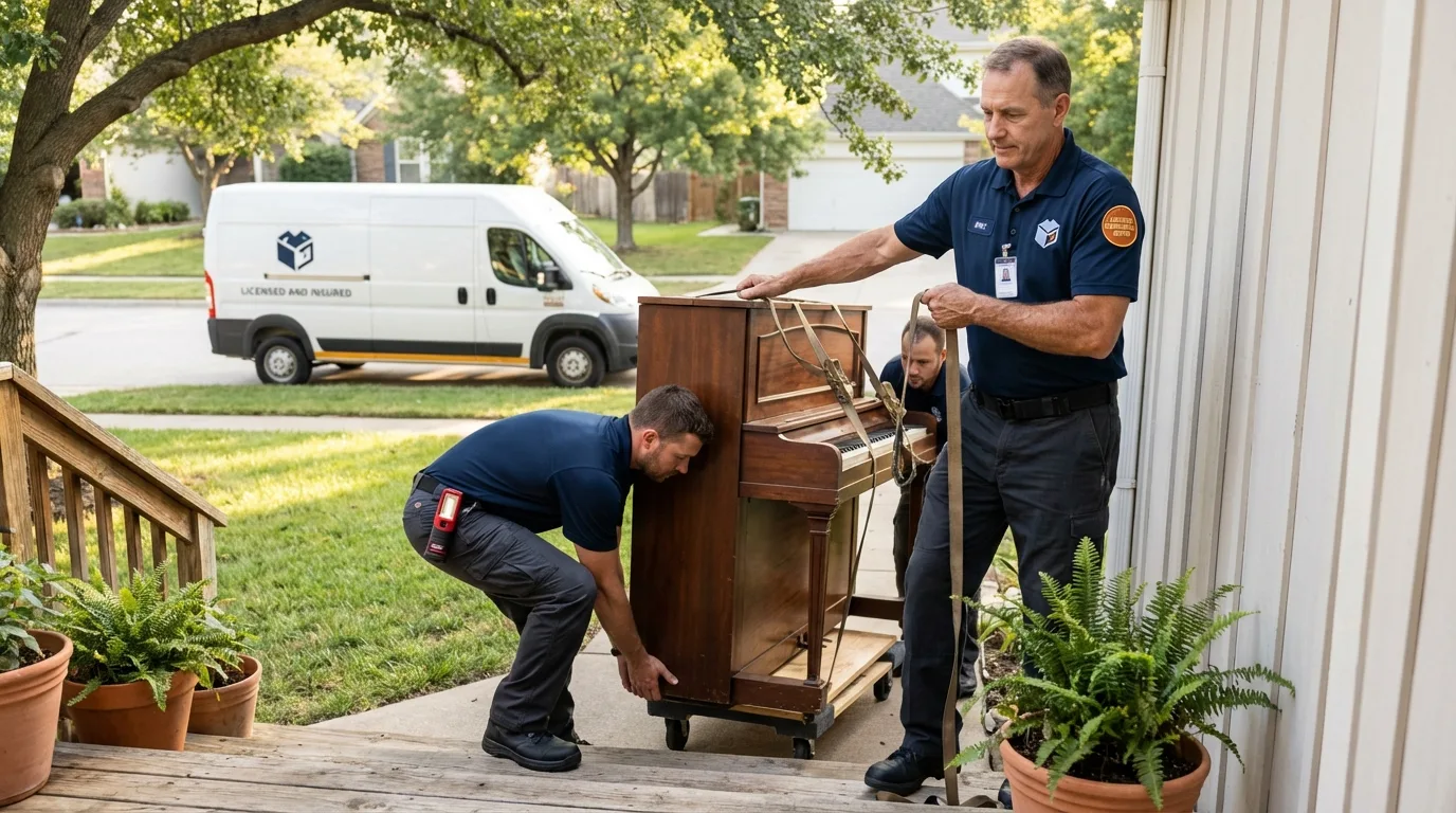 Licensed piano movers securing grand piano in Gunnison, UT