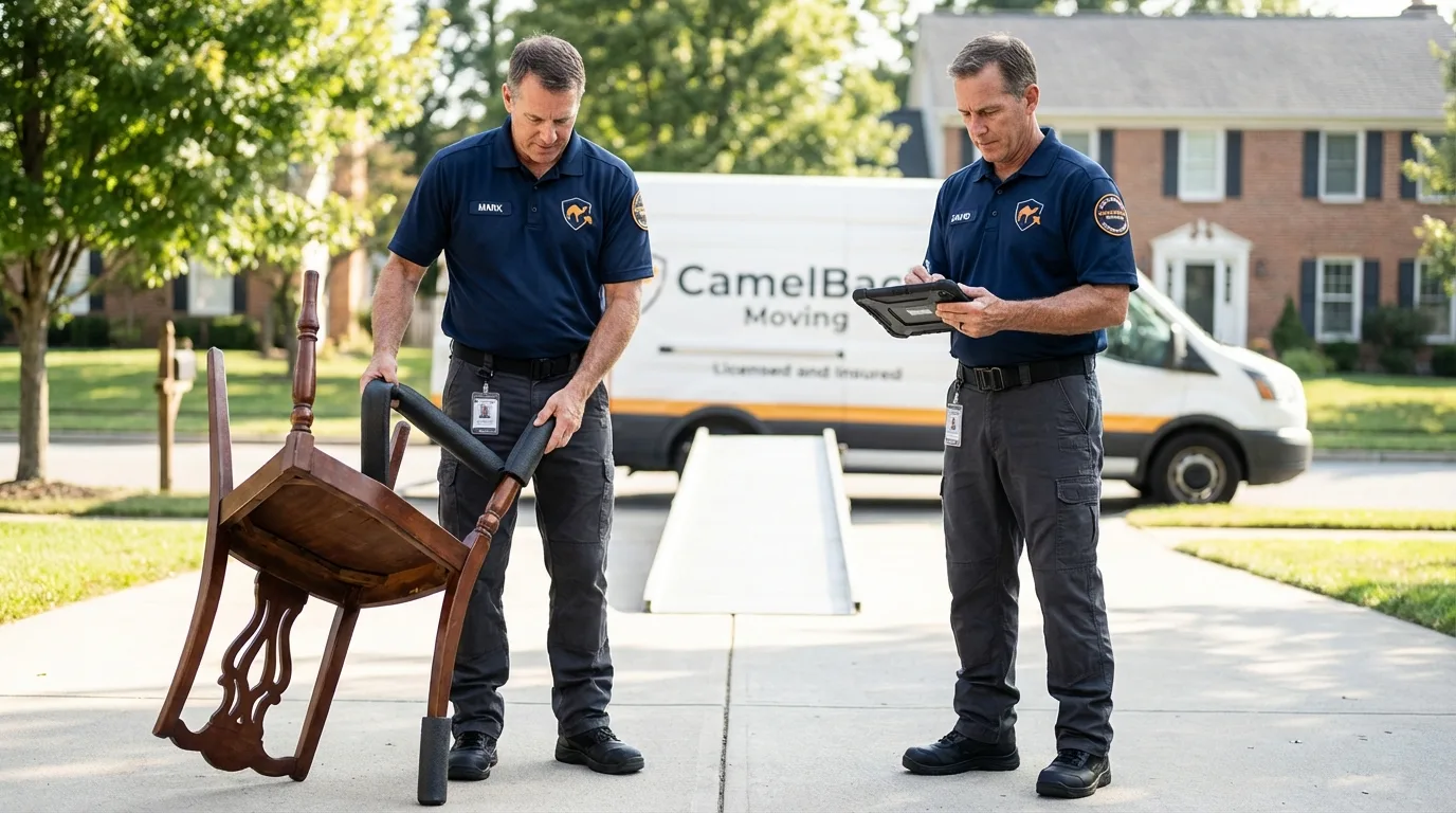 Movers inspecting furniture for damage prevention before loading in Gunnison, UT